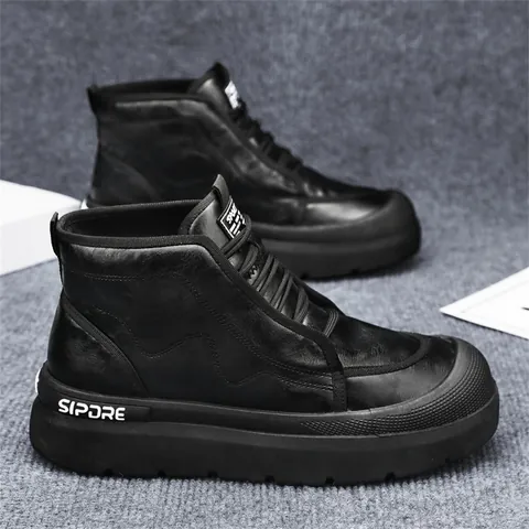 Zapatos de Skate de Trabajo de Caña Alta de Cuero de Microfibra para Hombre Moda Exterior Casual Suela Gruesa Zapatillas de Deporte