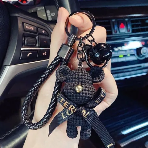 Cartoon Knitted Texture Bear Keychain Cute Bow Bear Figurine Bag Pendant Car Key Ring With Braided Strap Bell Jewelry For Women