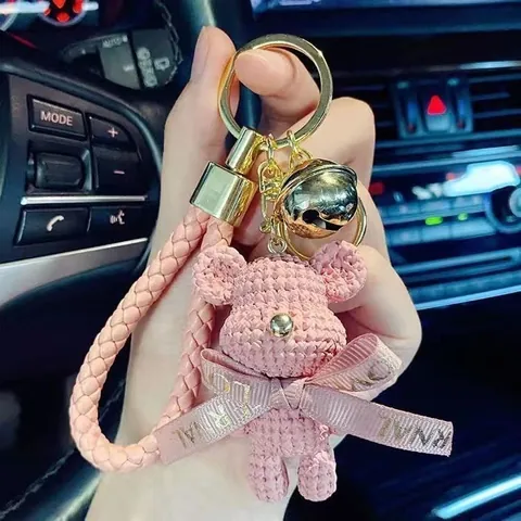 Cartoon Knitted Texture Bear Keychain Cute Bow Bear Figurine Bag Pendant Car Key Ring With Braided Strap Bell Jewelry For Women