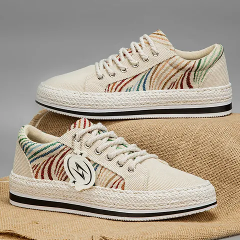 Men Ethnic Bohemian Canvas Board Shoes Braided Jute Sole Casual Camouflage Print Sneakers Thick Rope Laces Retro Fashion Shoes