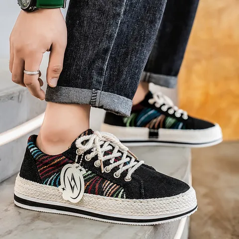 Men Ethnic Bohemian Canvas Board Shoes Braided Jute Sole Casual Camouflage Print Sneakers Thick Rope Laces Retro Fashion Shoes