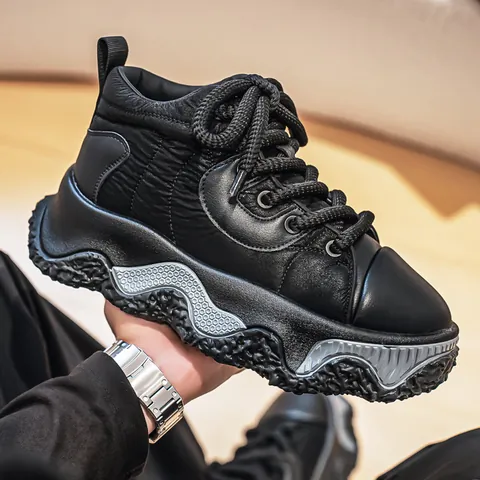 Men's Thick Sole Bread Shoes Spring 2026 Work Style Ins Fashion Sneakers Breathable Outdoor Skate Shoes Fleece Lined (L260-1)