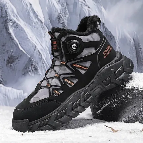 Men Outdoor Winter Boots High Top Plush Lining Warm Hiking Shoes With Rotating Buckle Anti Slip Rubber Sole Camouflage Work Boots