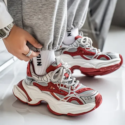 Baskets Chunky pour Hommes Mesh Respirant Cuir Plateforme Dad Shoes Mode Bloc de Couleur Décontracté Sportif Baskets de Marche pour Ados