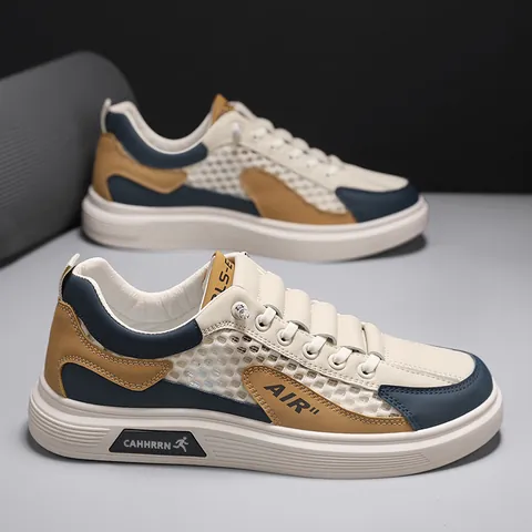 Men Casual Mesh Hollow Skate Shoes Breathable Street Style Patchwork Sport Sneakers Large Eye Mesh Work Shoes Summer Autumn