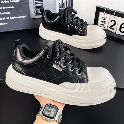 Men Casual Leather Platform Board Shoes Fashion Hong Kong Style Breathable Thick Sole National Trend Sneakers For Men Daily Wear