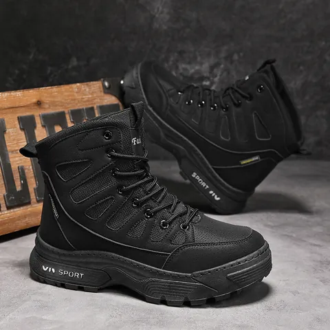 Men High Top Industrial Work Boots Thick Sole Outdoor Hiking Combat Boots Waterproof Breathable Non-Slip Casual Men Shoes