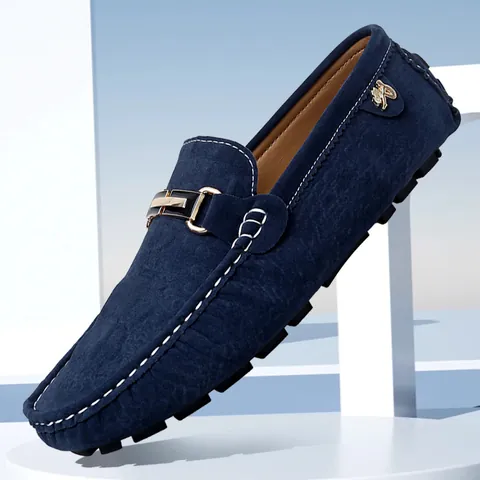 Mocassins Décontractés en Microfibre pour Hommes Confortables Respirants Chaussures de Conduite Couleur Unie Surpiqûres Contrastées Boucle en Métal