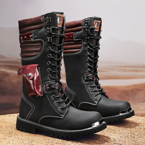 Men Vintage High-top Martin Boots Winter Tactical Outdoor Boots With Side Pocket Metal Toe Cap Anti-slip Rubber Sole Retro Workwear Boots