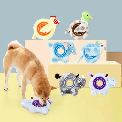 Jouet Interactif pour Chien en Peluche Anneau TPR Jouet à Mâcher Dentaire Forme d'Animal pour Petits Chiens