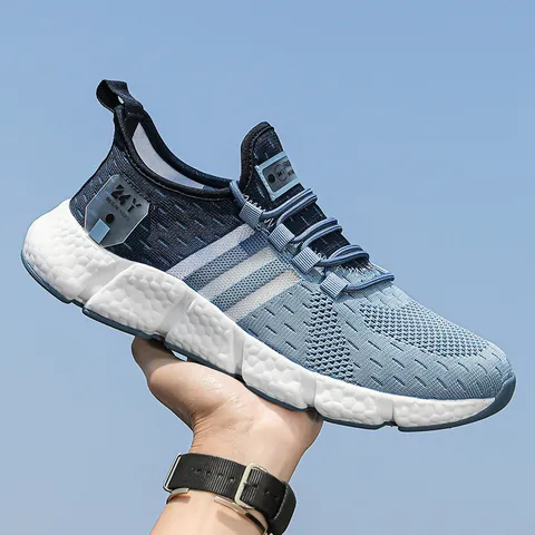 Men Flyknit Running Shoes Popcorn Sole Lightweight Breathable Gradient Sneakers Outdoor Fashion Sports Shoes Casual Jogging Footwear
