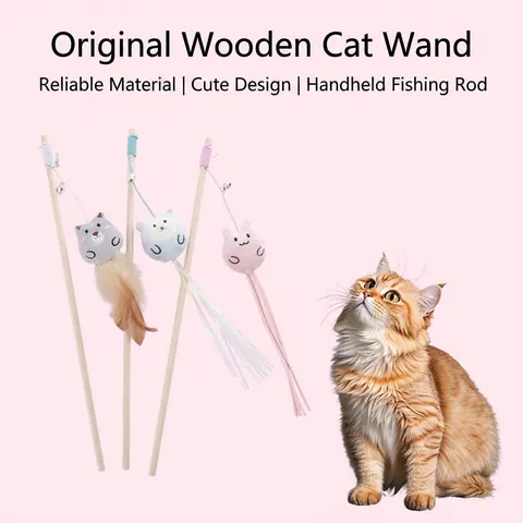 Interactive Wooden Cat Teaser Wand Toy Cartoon Plush Animal Doll With Bell And Feather For Indoor Cat Exercise Play Fun