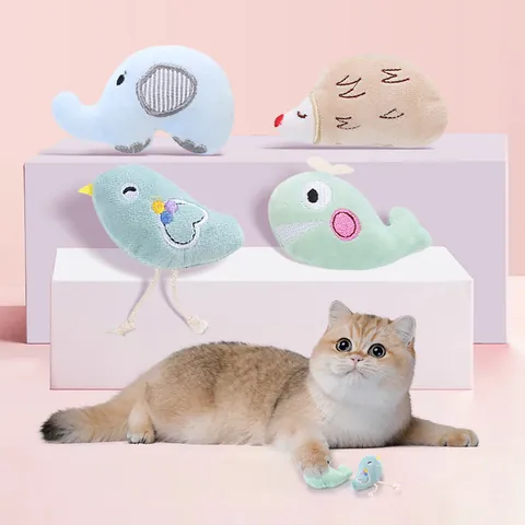 Plush Catnip Cat Toys Cartoon Elephant Whale Bird Hedgehog Shape Bite Resistant Interactive Kitten Chew Toys Calming Pet Supplies