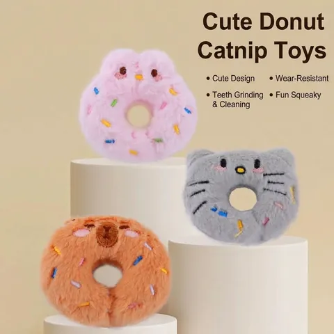 Süßes Tier Donut Form Katzenminze Plüschtier Für Katzen Weiches Quietschendes Knisterpapier Interaktives Zahnreinigung Spielzeug