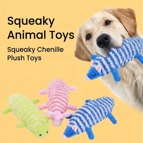 Squeaky Bi-Color Chenille Mop Plush Dog Toy Animal Shaped Interactive Teething Toy For Small Medium Dogs Pig Caterpillar Hedgehog