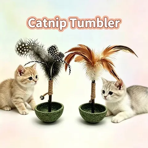 Interactive Catnip Tumbler Cat Toy with Natural Feathers and Sisal Rope Wood Pole Bell for Indoor Cats Teasing Toy