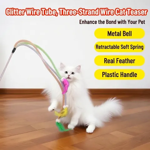Interactive Cat Teaser Wand With Elastic Mesh Tube Colorful Feathers And Bell For Indoor Playing Boredom Relief Pet Toy