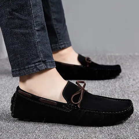Men Casual Microfiber Suede Loafers Slip-on Driving Shoes With Bow Tie Moccasins For Men Daily Wear Comfortable Sewn Shoes