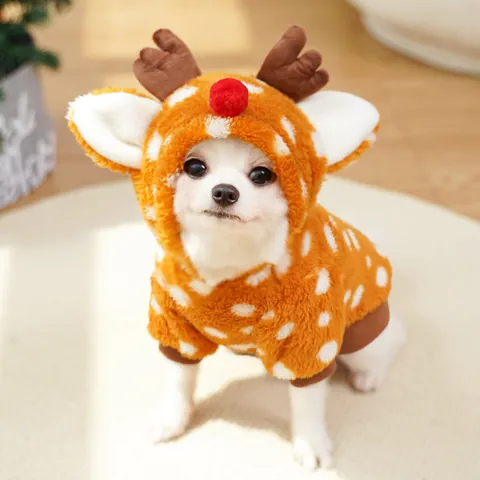 Pet Dog Christmas Moose Cosplay Costume Orange Polka Dot Fleece Warm Hoodie For Puppy Cat Autumn Winter Pet Apparel
