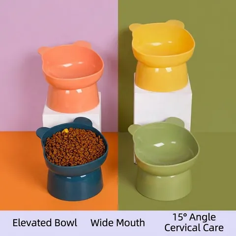 Nordic Style Tilted Elevated Cat Bowl Panda Ear Design Neck Protection Anti Slip Plastic Pet Food Bowl For Cats And Small Dogs
