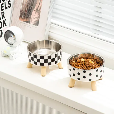 Elevated Pet Bowl Stainless Steel Neck Protection Anti-Tip Food Water Dish For Cats And Small Dogs Polka Dot Checkerboard Pattern