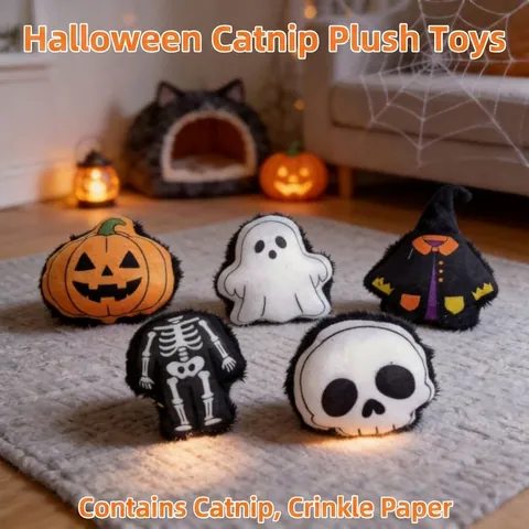 Halloween Cat Plush Toys With Catnip Crinkle Paper Ghost Pumpkin Skeleton Pattern Interactive Stuffed Chew Toys For Cats Kittens