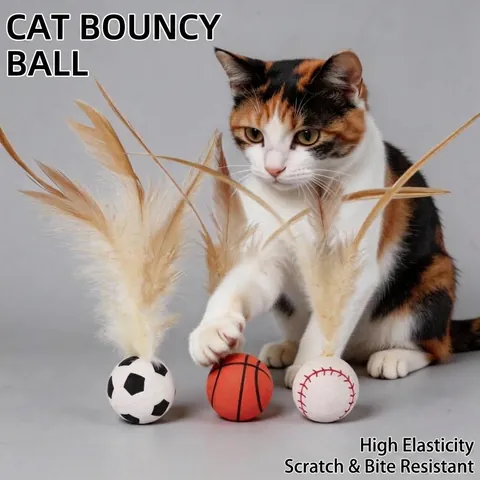 Interactive Cat Toy Feather Elastic Ball Sports Theme Football Basketball Baseball Shape Kitten Teaser Boredom Relief Toy
