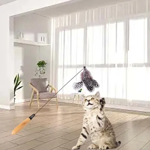 Interactive Cat Teaser Wand With Natural Wooden Handle And Spotted Feather Hanging Toy With Bell Kitten Playing Wand
