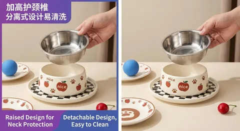 Cartoon Stainless Steel Elevated Pet Bowl For Cats Dogs Neck Protection Anti-Vomiting Detachable Large Diameter Water Food Feeding Bowl