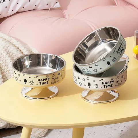 Elevated Stainless Steel Pet Bowl For Cats And Dogs High Foot Neck Protection Anti-Slip Cartoon Print Large Capacity Pet Food Water Feeding Bowl