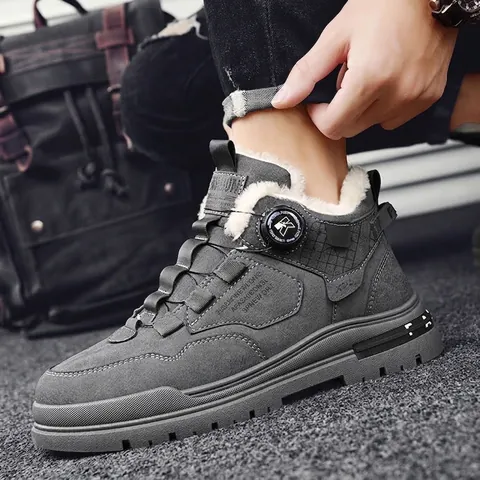 Men's Mid-Top Sneakers Fleece Lined Warm Winter Board Shoes Rotating Buckle Thick Sole Casual Fashion Tooling Shoes