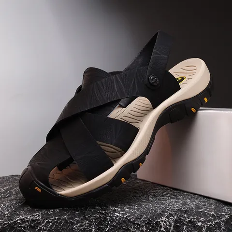 Heren Runderleer Sport Sandalen Ademend Teenbescherming Outdoor Strand Casual Sandalen Met Antislip Rubberen Zool