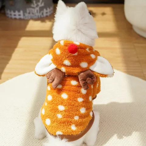 Pet Dog Christmas Moose Cosplay Costume Orange Polka Dot Fleece Warm Hoodie For Puppy Cat Autumn Winter Pet Apparel