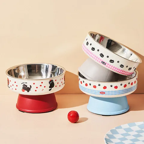 Cartoon Stainless Steel Elevated Pet Bowl For Cats Dogs Neck Protection Anti-Vomiting Detachable Large Diameter Water Food Feeding Bowl