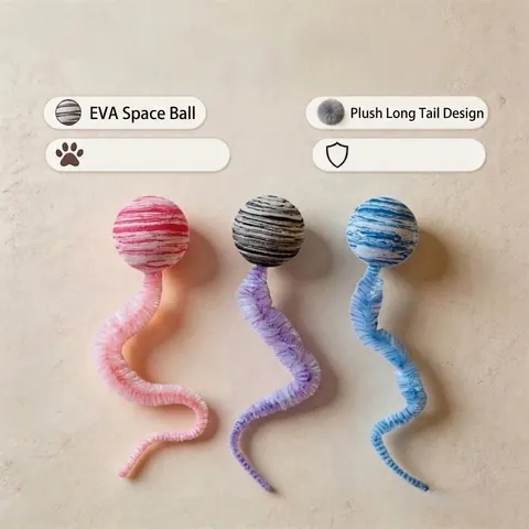 Interactive Cat Toy Plush Ball With Long Colorful Caterpillar Tail Elastic EVA Marble Pattern Quiet Teasing Toy For Indoor Cats Pets