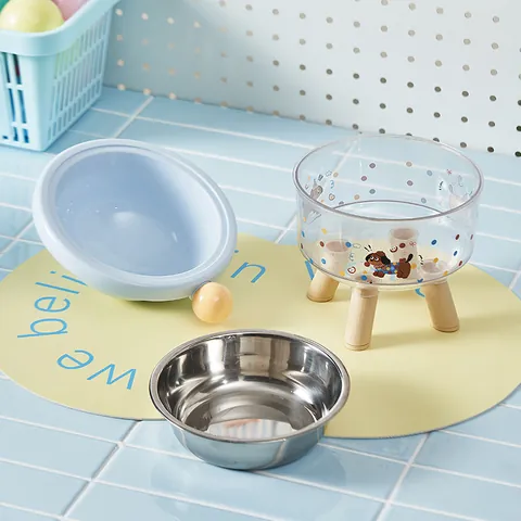 Elevated Stainless Steel Pet Bowl Cartoon Dog Print Cat Feeding Bowl With Wooden Stand Transparent Neck Protection Food Water Bowl