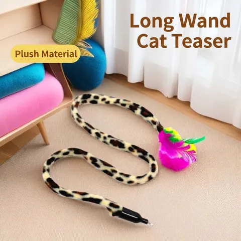 Bacchetta per Gatti con Stampa Leopardata Piume Colorate e Striscia di Peluche Giocattolo Interattivo per Gatti da Interno