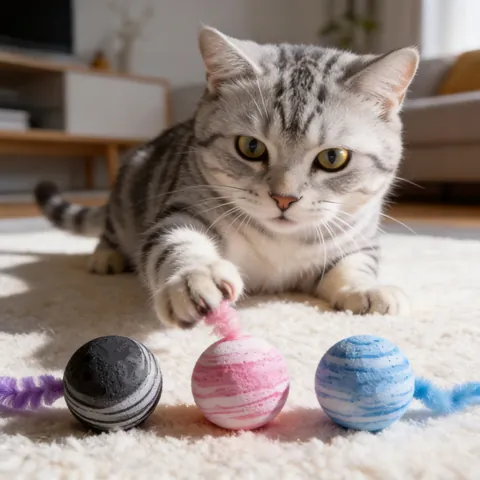 Interactive Cat Toy Plush Ball With Long Colorful Caterpillar Tail Elastic EVA Marble Pattern Quiet Teasing Toy For Indoor Cats Pets