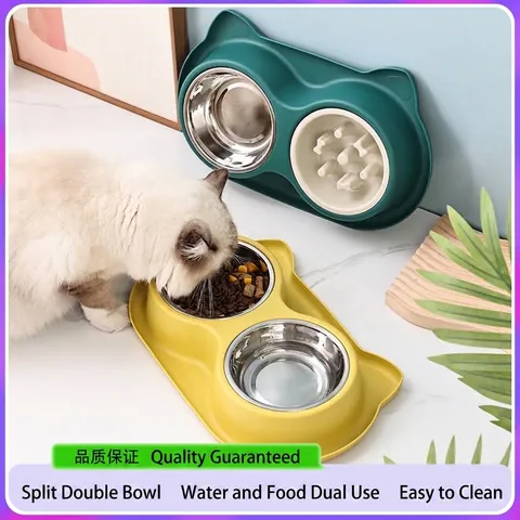Cartoon Cat Ear Pet Double Bowl Stainless Steel Slow Feeder Bowl Anti-Ant Non-Slip Feeding Watering Station For Cats Small Dogs