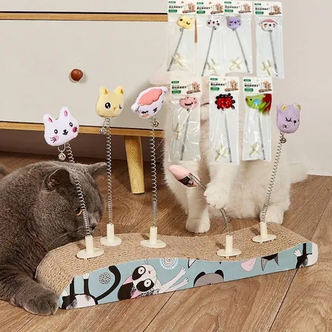 Interactive Cat Toy Spring Rocking Plush Animal With Bell And Feather For Cat Scratching Board Kitten Boredom Relief Toy