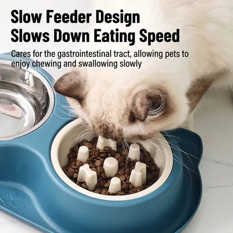 Cartoon Cat Ear Pet Double Bowl Stainless Steel Slow Feeder Bowl Anti-Ant Non-Slip Feeding Watering Station For Cats Small Dogs