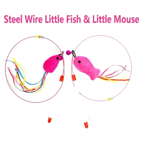 Interactive Cat Teaser Wand Toy With Flexible Steel Wire Bell Plush Mouse Fish Caterpillar Feather Wand For Pets Cats Training Indoor Play