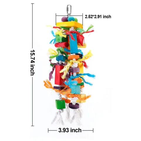 Multicolor Wood Parrot Bird Toy Colorful Wooden Blocks Cotton Rope Chewing Hanging Decor Toy For Large Medium Parrots Bird Cage Accessories
