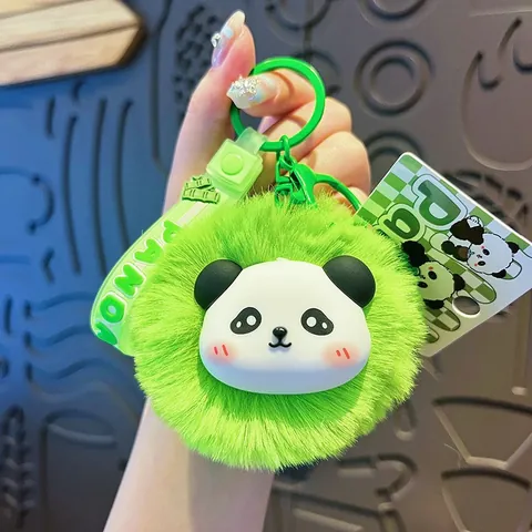 Cute Cartoon Panda Plush Pom Pom Keychain Soft Silicone Panda Face Ball Pendant With Hand Strap For Women Kids Bag Decor