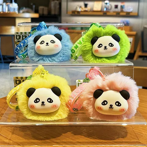 Cute Cartoon Panda Plush Pom Pom Keychain Soft Silicone Panda Face Ball Pendant With Hand Strap For Women Kids Bag Decor