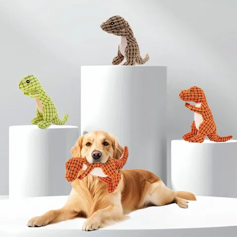 Plush Dinosaur Dog Toy Bite Resistant Squeaky Interactive Pet Chew Toy Teeth Cleaning Corduroy Texture Toy for Small Medium Dogs