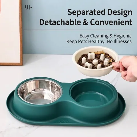 Cartoon Cat Ear Pet Double Bowl Stainless Steel Slow Feeder Bowl Anti-Ant Non-Slip Feeding Watering Station For Cats Small Dogs