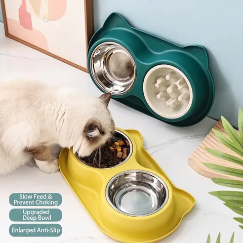 Große Kapazität Edelstahl Doppelnapf Katzenohrenform Rutschfest Auslaufsicher Hund Katze Futter Wasserspender Futterstation