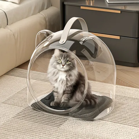 Transparent PET Space Capsule Cat Bed Modern Minimalist Semi-Closed Pet Nest Portable Clear Cat House With Plush Cushion