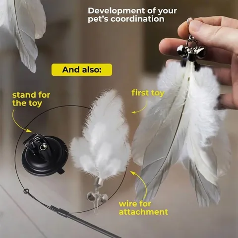 Interactive Suction Cup Cat Toy Wand with Long Flexible Steel Wire Bell and Feather Replacement Head for Indoor Pet Self Play